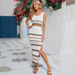 Costa Smeralda Square Neck Striped Hollow-Out Vest & Split Dress Set