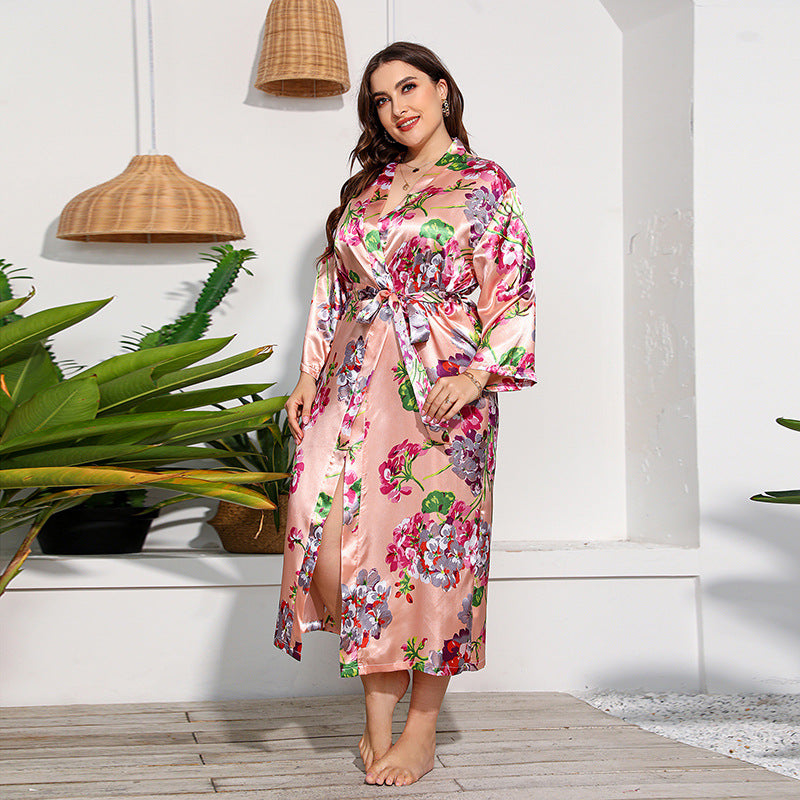 Grande taille russe américain émulation soie chemise de nuit à manches longues vêtements de maison femmes imprimé léopard portable