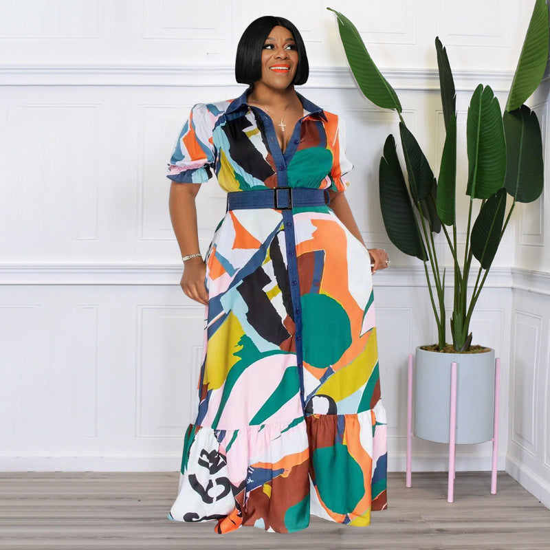 Plus size Maryangel Rebel summer dress with colorful print and belt, featuring a loose, comfortable fit.