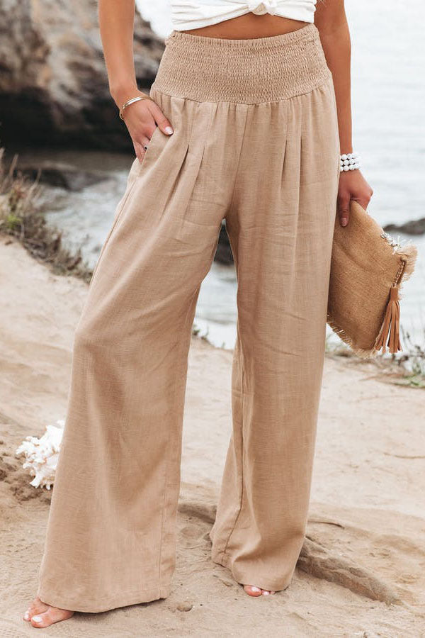 Maryangel Rebel women's cotton linen wide leg pants in solid color with elastic waist, perfect for casual spring summer wear.