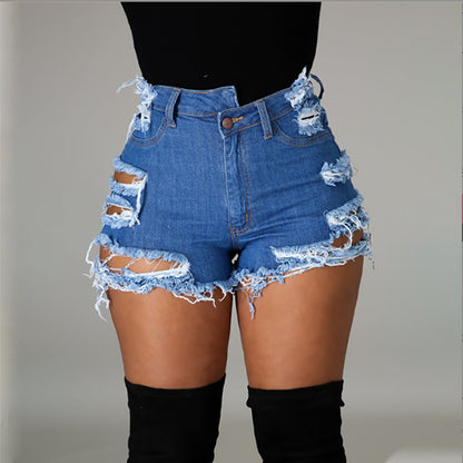 Trendy high waist ripped fringe shorts for women by Maryangel Rebel, showcasing distressed denim and a stylish design.