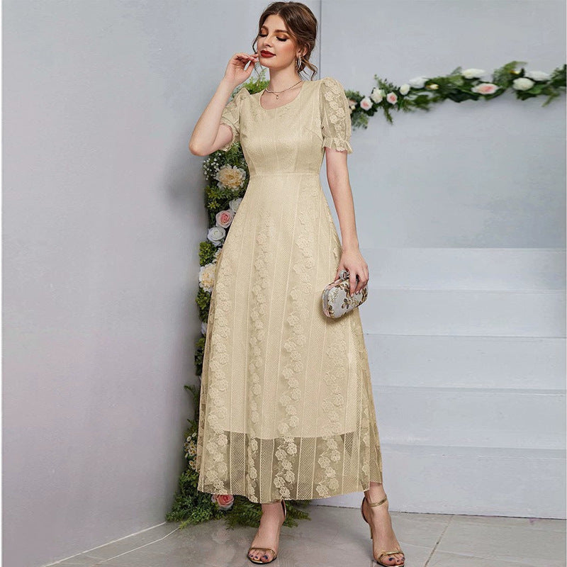 Maryangel Rebel women's solid color maxi dress featuring a U collar and slimming mesh stitching design.