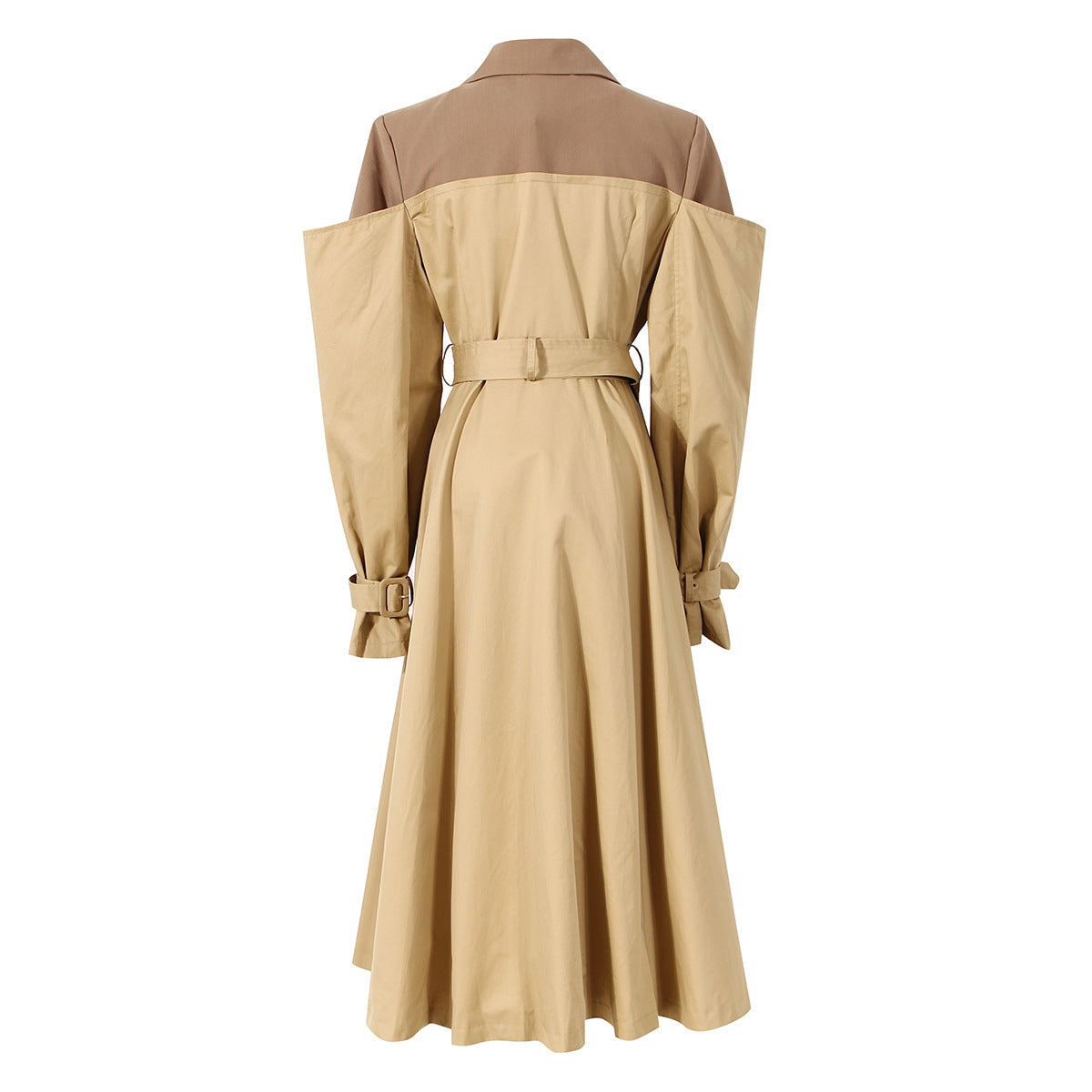 Two Color Knot Collar Trench Coat Women  Mid Length Knee Design Waist Trimming Coat
