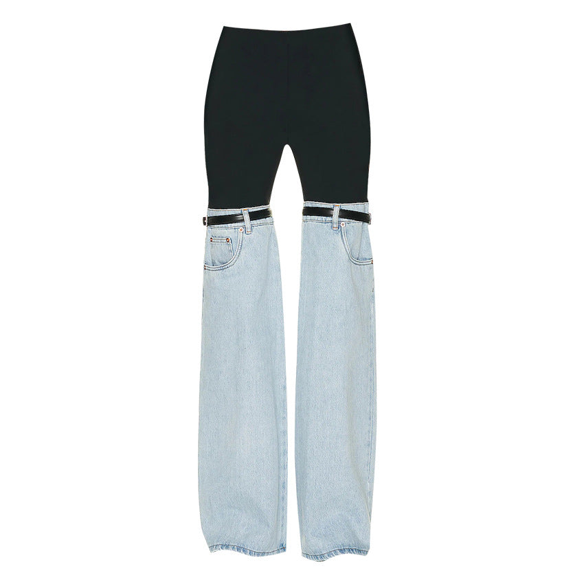 Maryangel Rebel high waist straight wide leg jeans with unique stitching design for women, styled in a chic outfit.