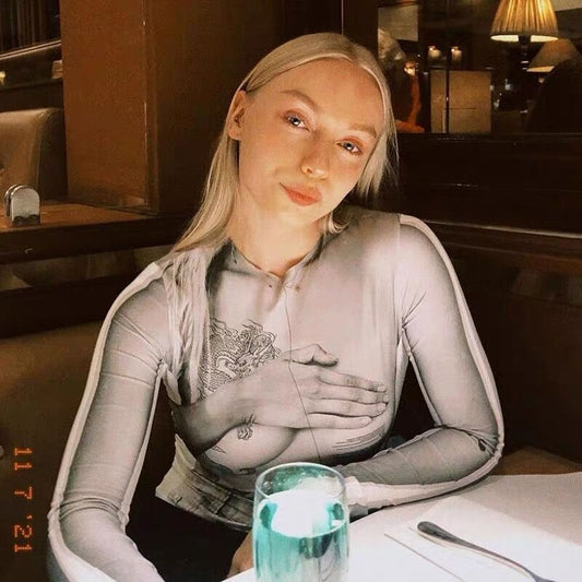 Maryangel Rebel women's spring summer jumpsuit featuring a slim fit, round neck, long sleeves, and floral mesh print.