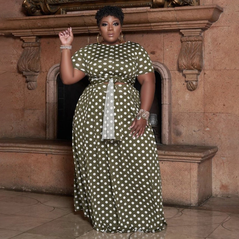 Plus size polka dot casual two-piece suit for women by Maryangel Rebel, featuring a stylish top and matching bottoms.
