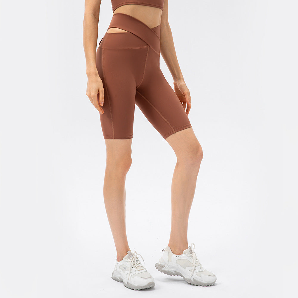Short de yoga taille haute pour femmes nues Sense Cross No Embarrass Line Skinny Hip Raise Belly Contracting Sports Shorts Crisscross