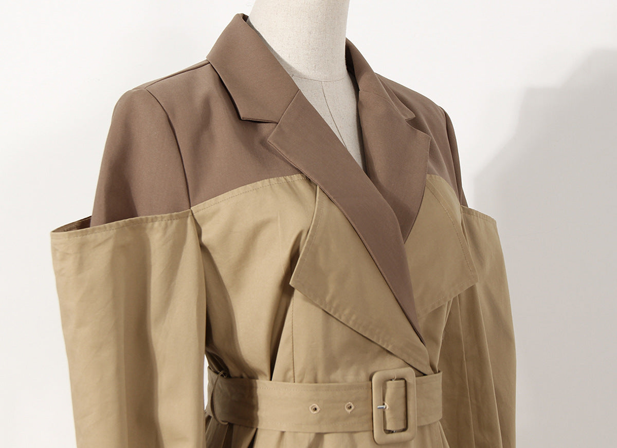 Two Color Knot Collar Trench Coat Women  Mid Length Knee Design Waist Trimming Coat