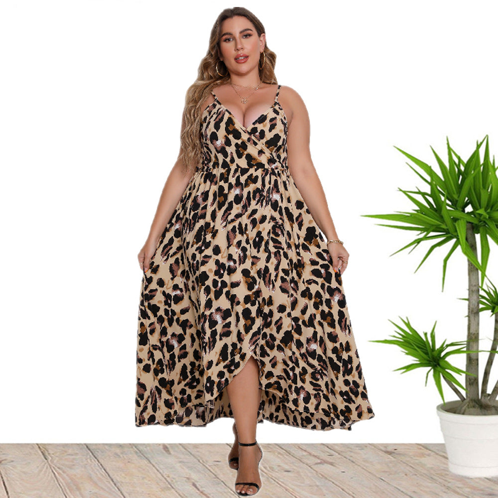 Plus size women's sexy V-neck strap leopard print dress by Maryangel Rebel, showcasing a stylish and bold design.