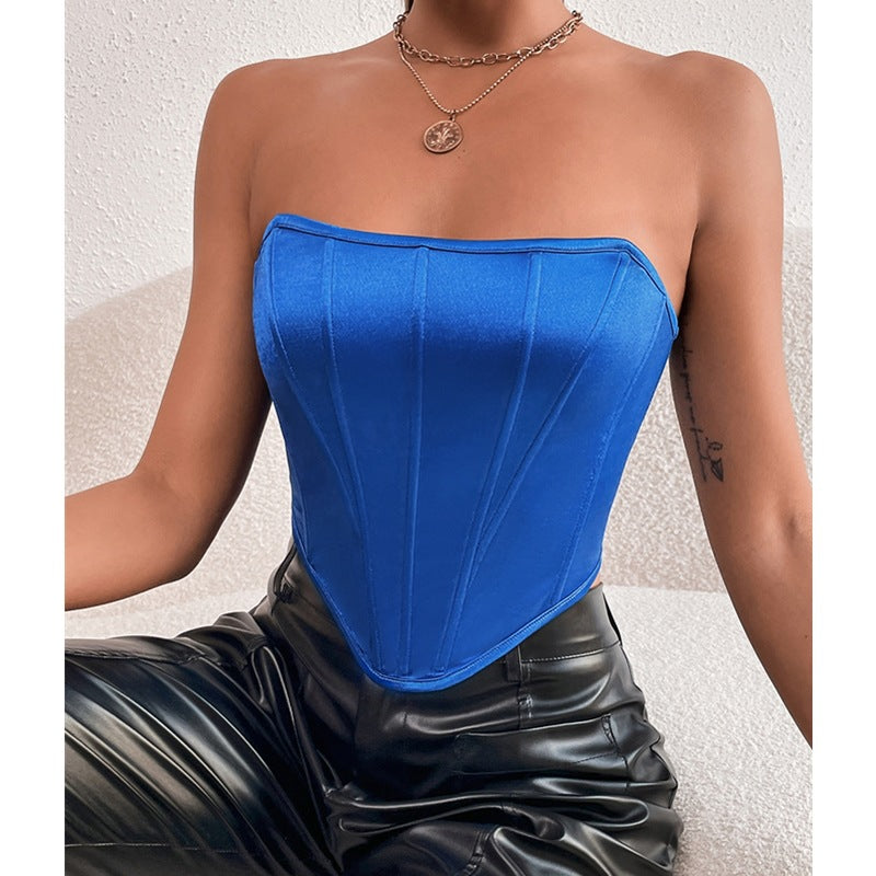 Glossy Maryangel Rebel corset tube top, diamond-shaped, backless design with wrapped chest and boning details.