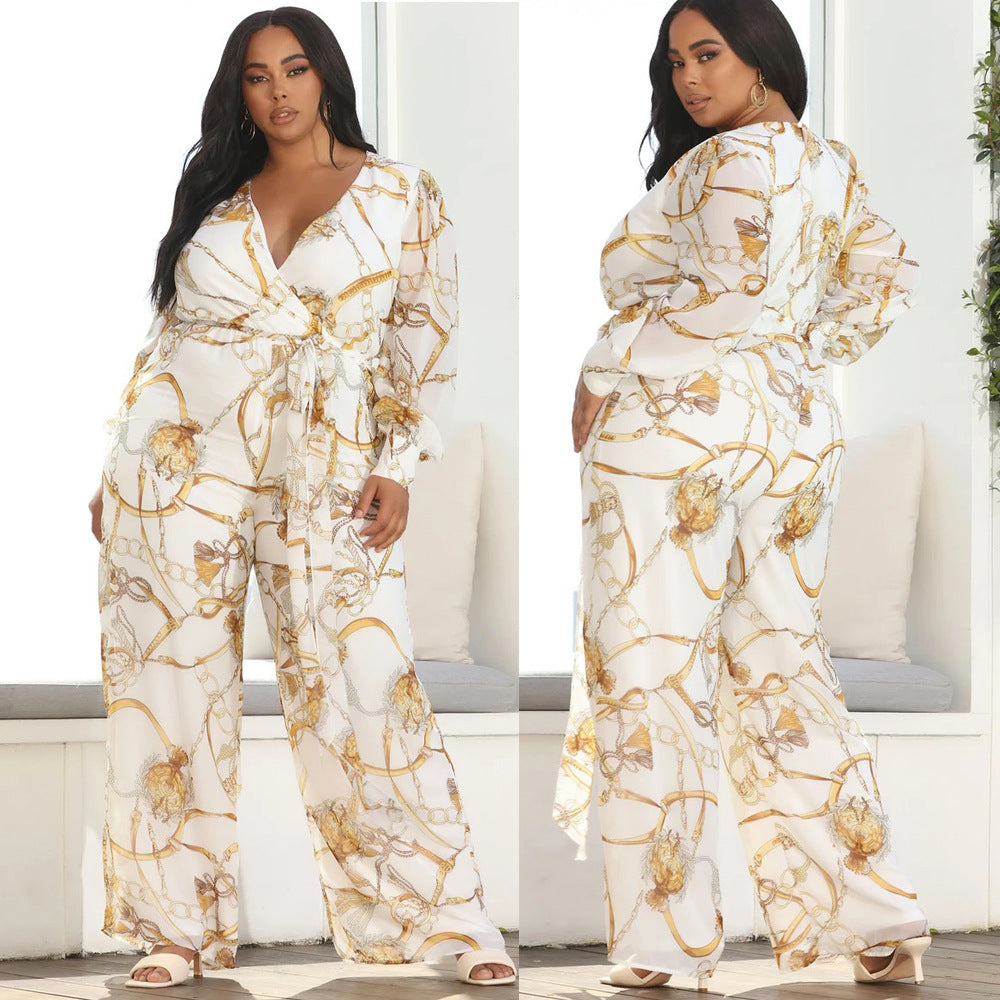 Anna V-Neck Printed Chiffon Vacation Jumpsuit with Belt