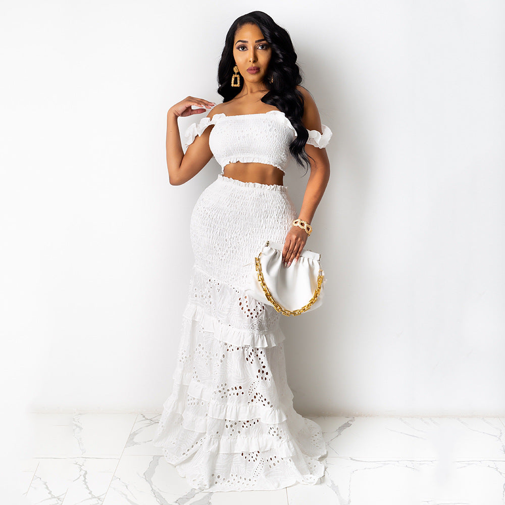 Maryangel Rebel women's solid color two-piece lace maxi dress with wrapped chest and fishtail design for spring summer.