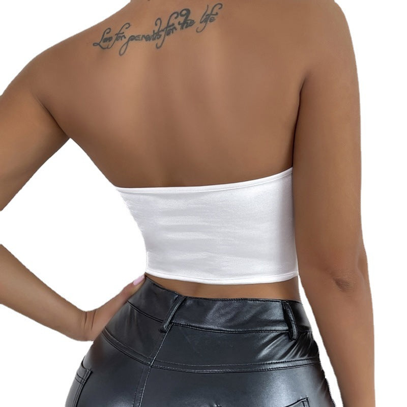 Glossy Maryangel Rebel corset tube top with diamond shape, backless design, and wrapped chest detail.