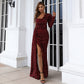 Off-shoulder long sleeve sequined dress by Maryangel Rebel, featuring a split design, perfect for formal parties.