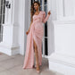 Off-shoulder long sleeve sequined dress by Maryangel Rebel with a party split design, perfect for formal occasions.